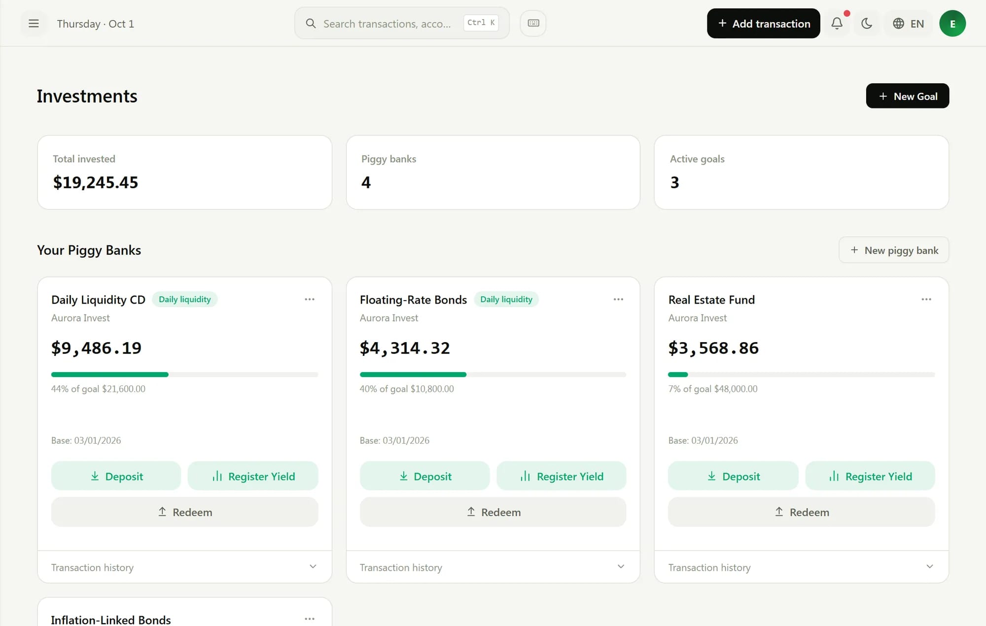 Investment pots with goal progress