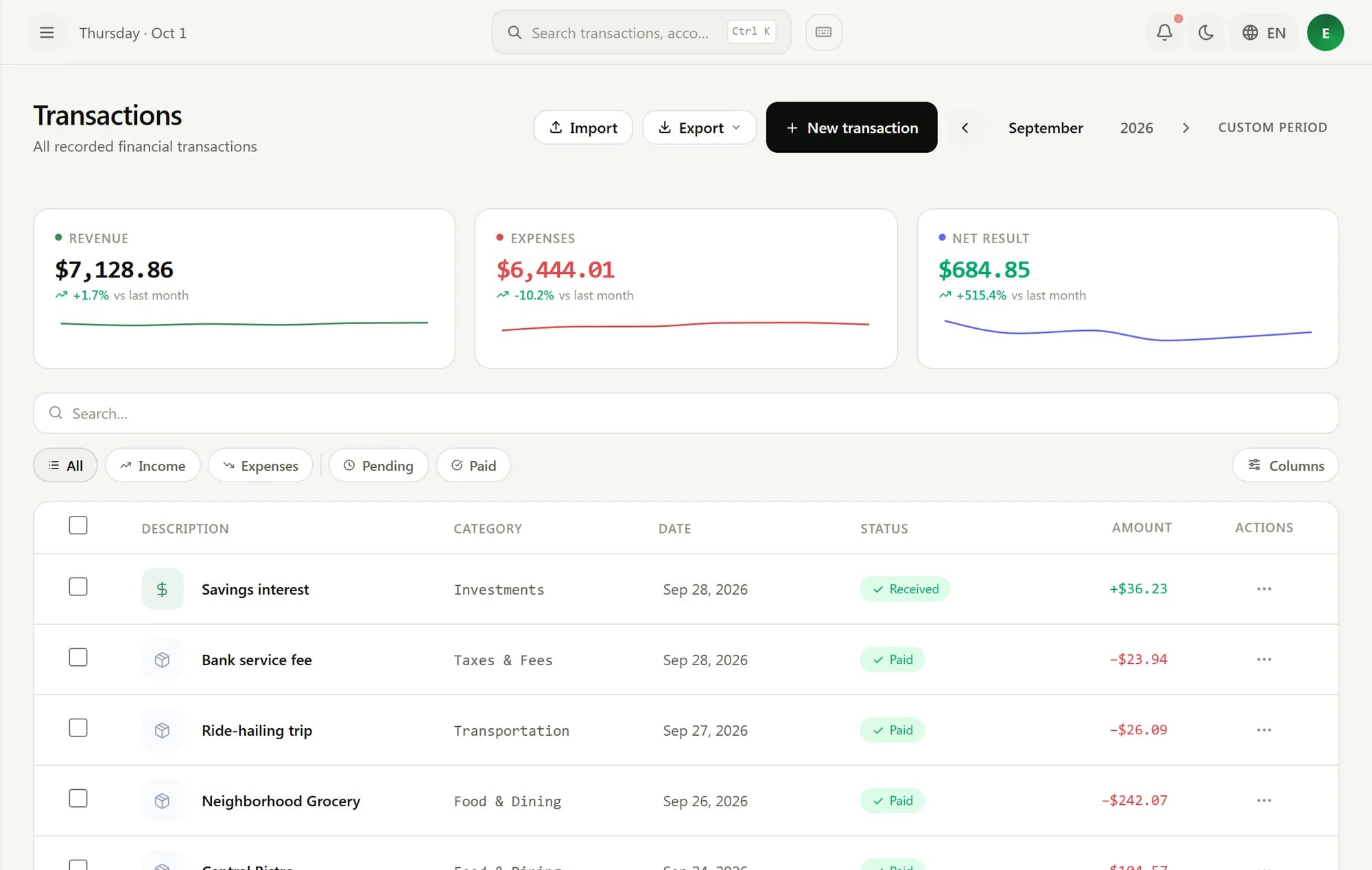 Transactions list with filters, categories, and status