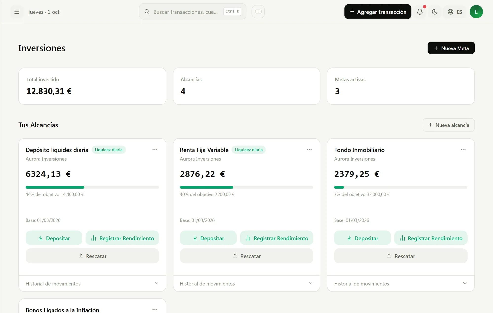 Inversiones con progreso de objetivos