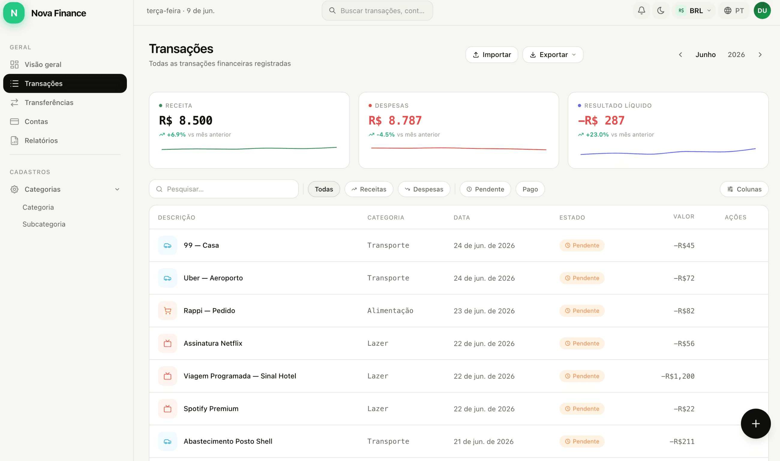 Lista de transações com filtros, categorias e estado