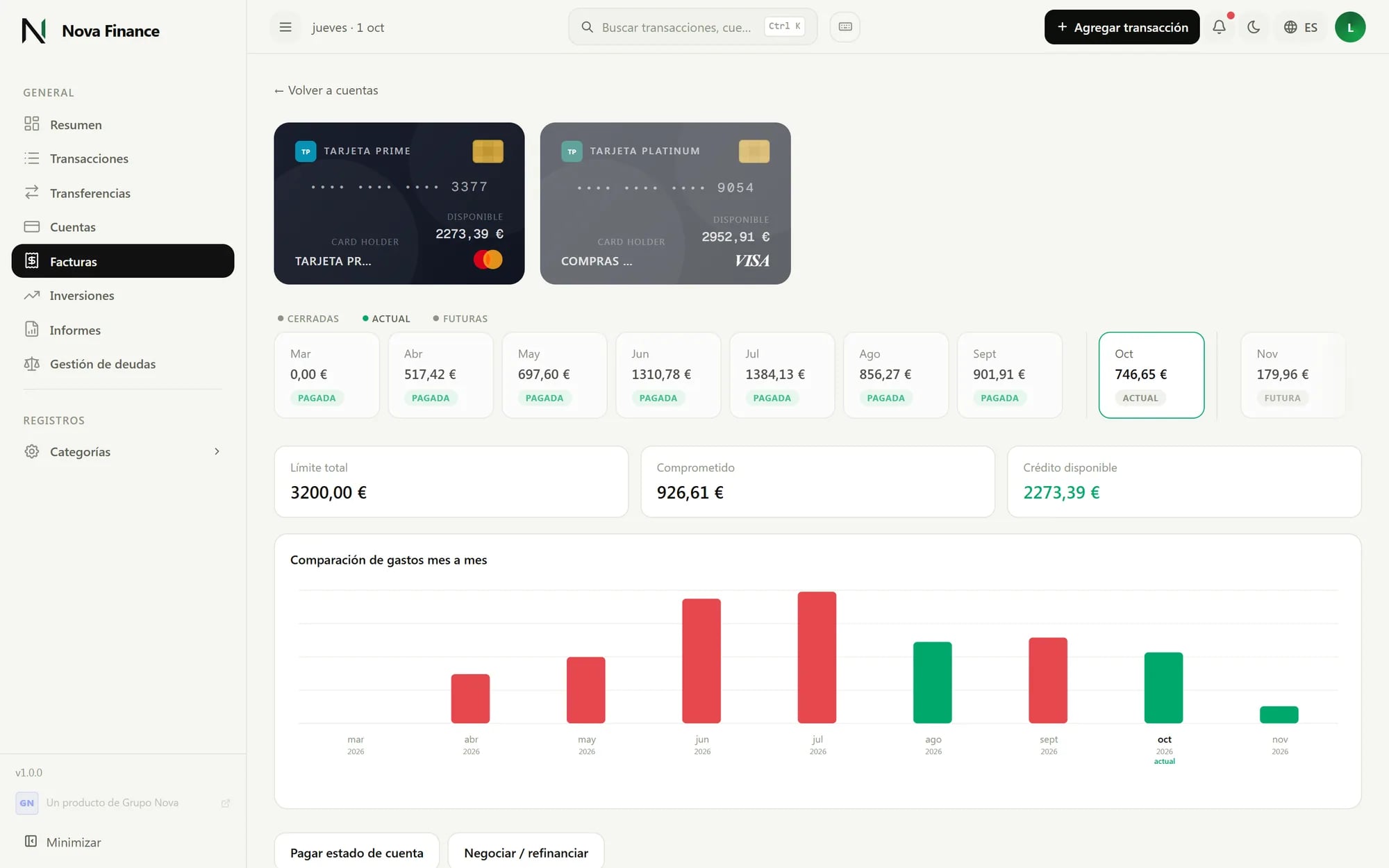 Tarjetas de crédito con extractos mensuales, límite disponible y comparación de gastos mes a mes