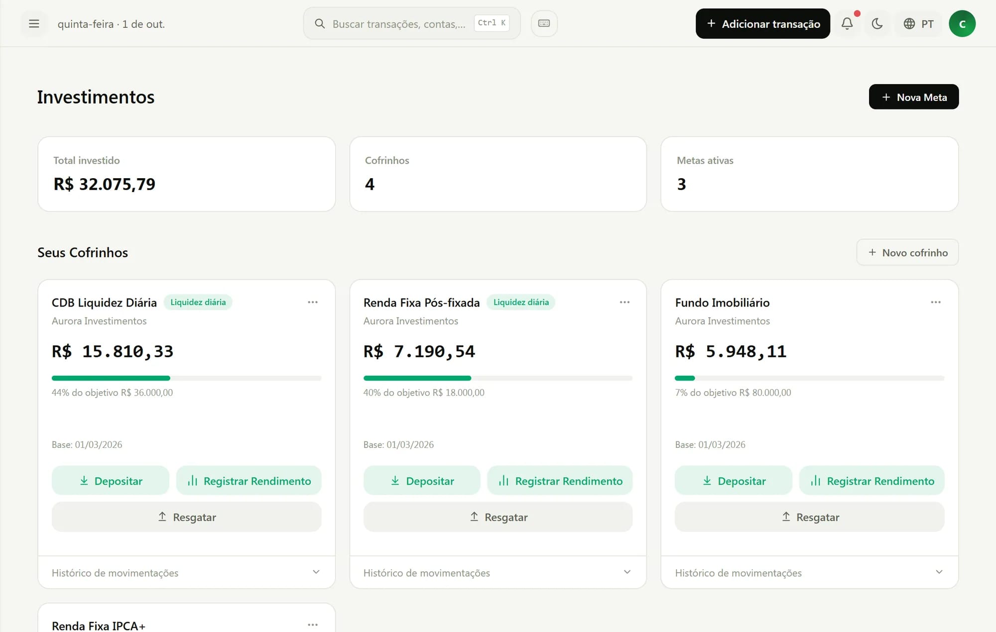 Cofrinhos de investimento com progresso das metas
